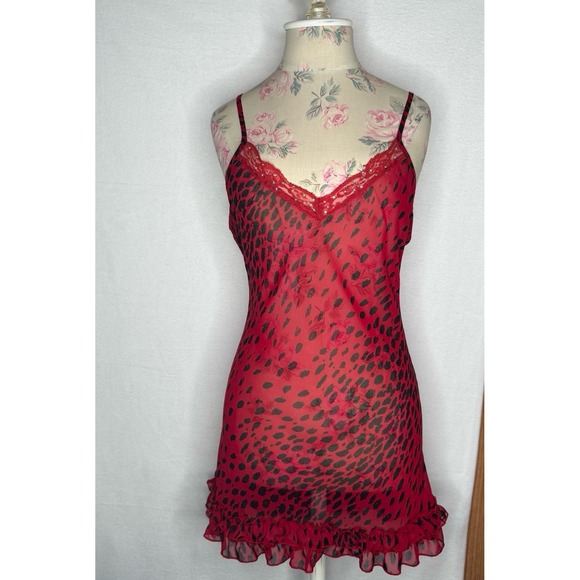 Baby Phat Other - Baby Phat Y2K Red Leopard Print Mesh Chemise Slip Dress Lace Ruffle Hem S Sheer